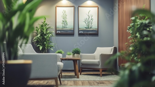 Waiting Room with Grey Furniture and Green Accents