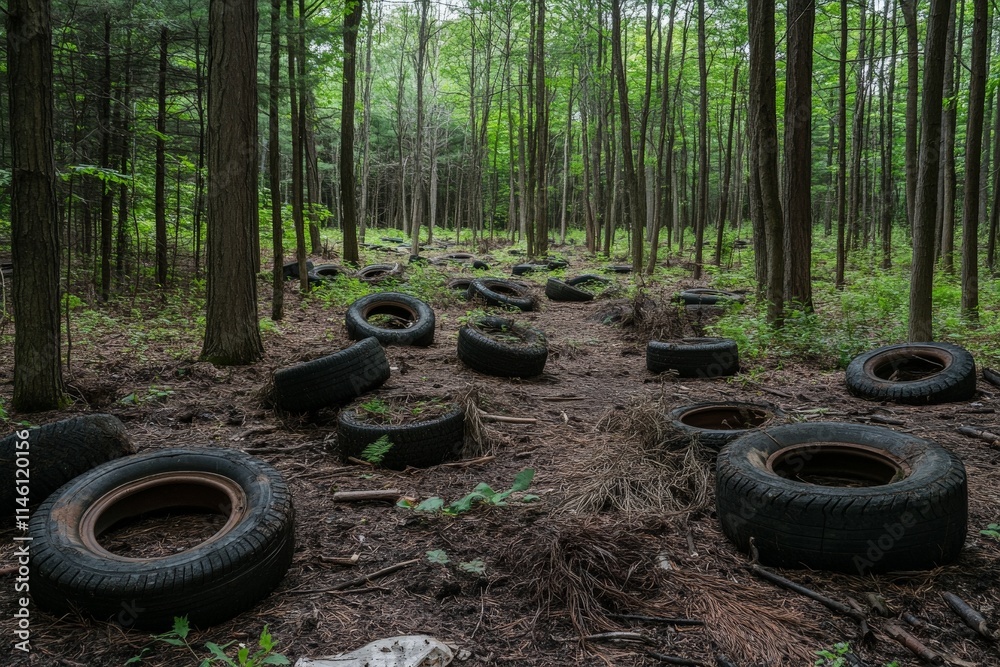 A lush, overgrown forest is disrupted by scattered tires, creating a juxtaposition between the natural environment and human-made waste left behind. A lush, overgrown forest is disrupted by scattered tires, creating a juxtaposition between the natural environment and human-made waste left behind.