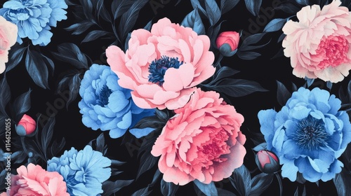 Unusual Floral summer seamless pattern. flowers on a black background. Template for fabrics, textiles, paper, wallpaper, interior decoration. Vintage