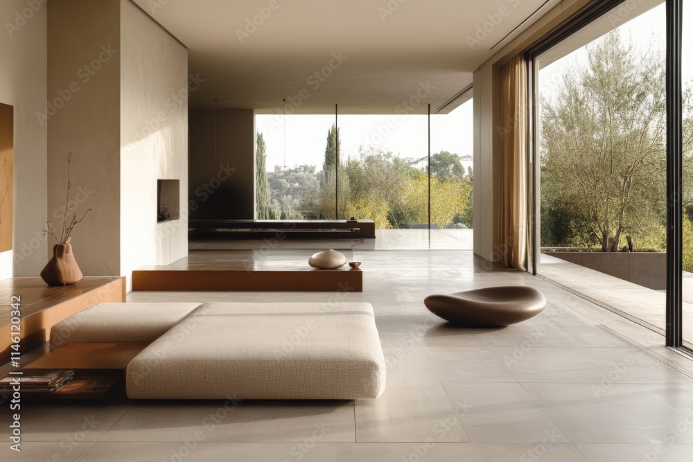 Obraz premium A modern, minimalist living room with a low sofa, expansive windows, and an elegant, natural landscape view, creating a serene and open atmosphere.