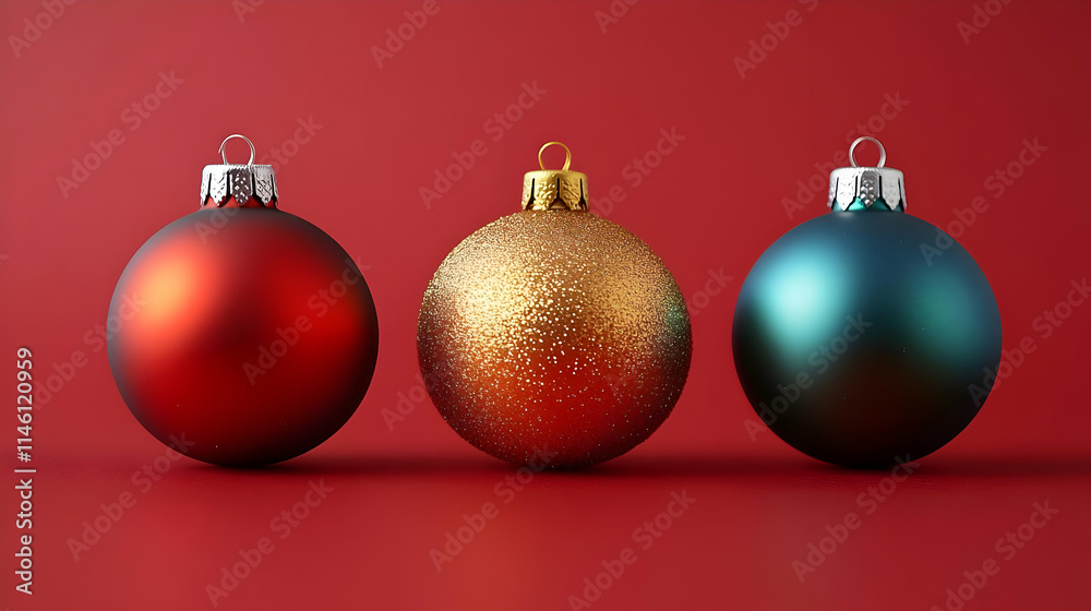 Red, Gold, Teal Ornaments Decorate Festive Scene Red, Gold, Teal Ornaments Decorate Festive Scene