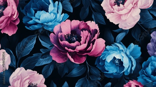 Unusual Floral summer seamless pattern. flowers on a black background. Template for fabrics, textiles, paper, wallpaper, interior decoration. Vintage