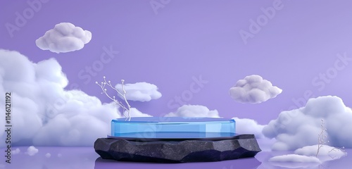 A contemporary podium made of blue glass atop a sturdy black stone base, set against a purple background with delicate white clouds, showcasing a blend of modernity and elegance.