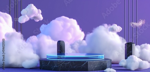 A contemporary podium made of blue glass atop a sturdy black stone base, set against a purple background with delicate white clouds, showcasing a blend of modernity and elegance.