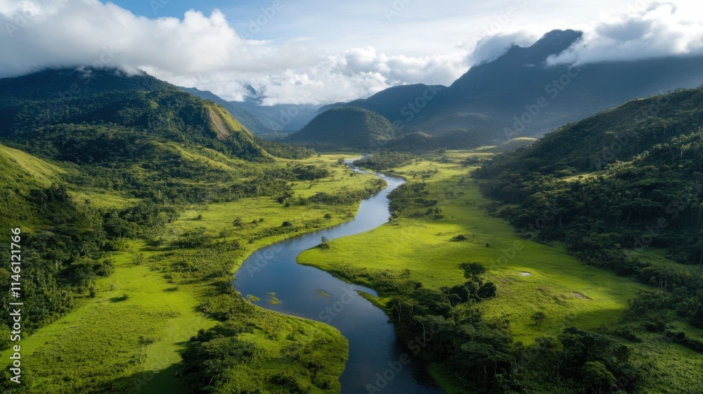 A captivating river meanders through a lush green valley, surrounded by majestic mountains and vibrant foliage, showcasing the beauty of nature on World Wildlife Day A captivating river meanders through a lush green valley, surrounded by majestic mountains and vibrant foliage, showcasing the beauty of nature on World Wildlife Day