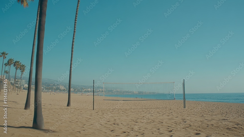 Serene Beach with Volleyball Net Under Clear Blue Sky Serene Beach with Volleyball Net Under Clear Blue Sky
