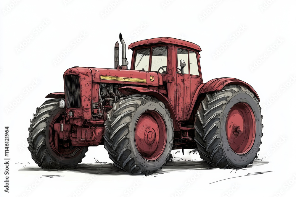 Obraz premium Vintage red tractor with large tires, showcasing classic design and rugged charm