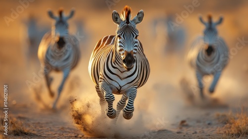 A dynamic group of zebras races through the sunlit savanna, their stripes contrasting against the warm earth