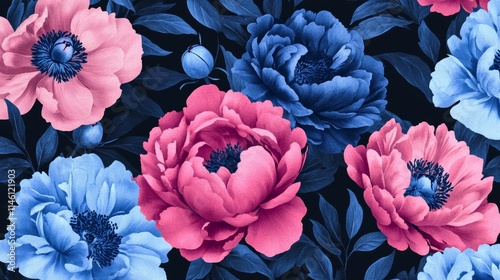 Unusual Floral summer seamless pattern. flowers on a black background. Template for fabrics, textiles, paper, wallpaper, interior decoration. Vintage