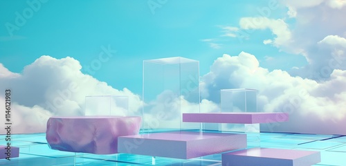 A contemporary podium made of transparent glass and solid purple stone, set against a vibrant background of blue hues and drifting white clouds, showcasing sophistication.