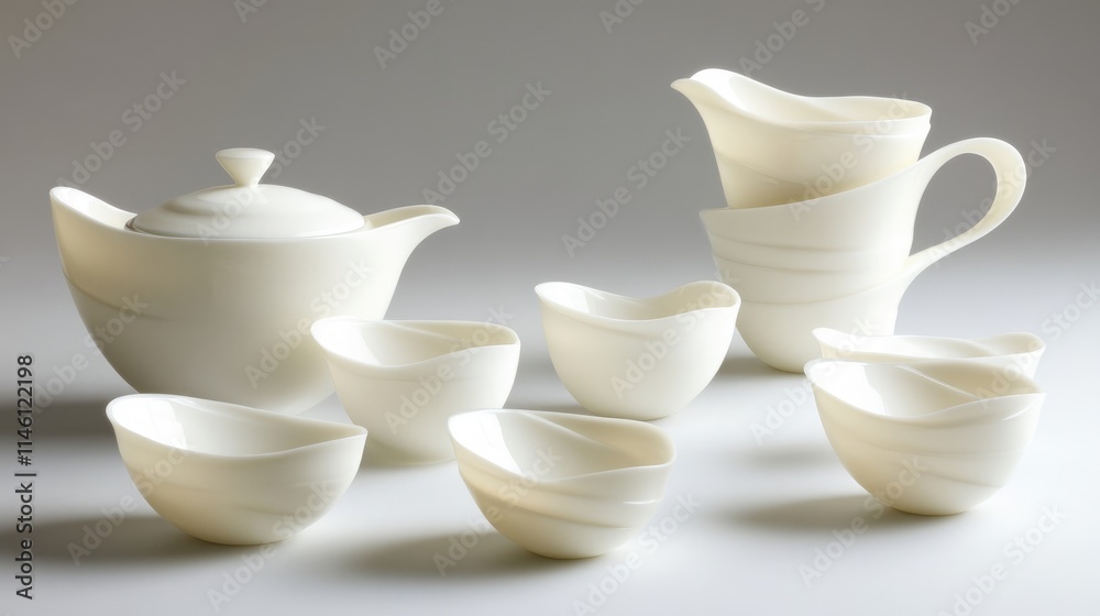 Elegant White Ceramic Tea Set with Unique Curved Design Features Elegant White Ceramic Tea Set with Unique Curved Design Features
