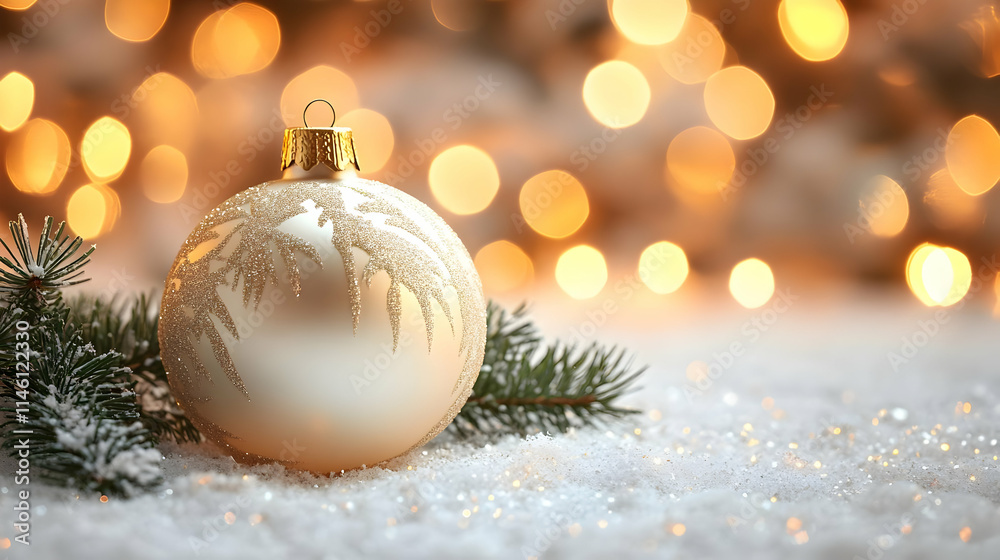 Sparkling Ornament Rests on Snowy Winter Scene with Festive Lights Sparkling Ornament Rests on Snowy Winter Scene with Festive Lights