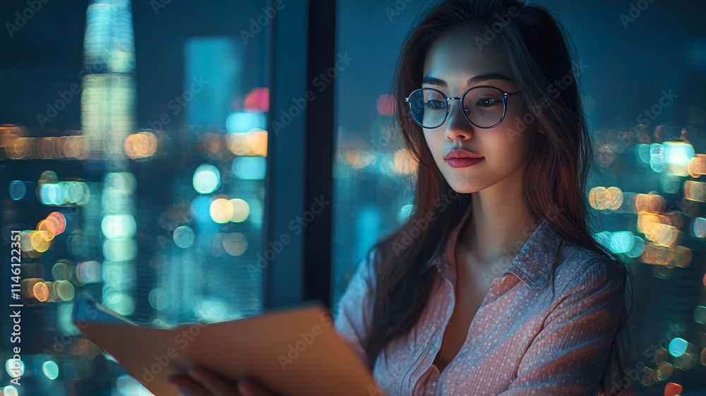 Woman Reading Book at Night City Lights Background Woman Reading Book at Night City Lights Background