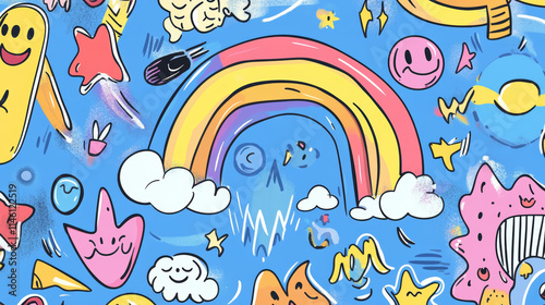 Colorful abstract art featuring smiles, rainbows, and whimsical shapes in a vibrant blue background
