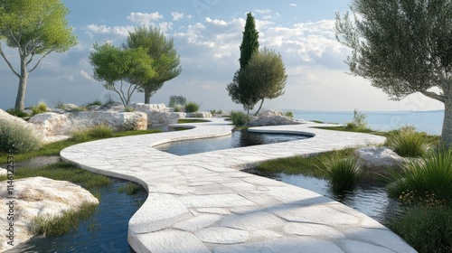 Serene Landscape with Curved Pathway and Tranquil Water Features
