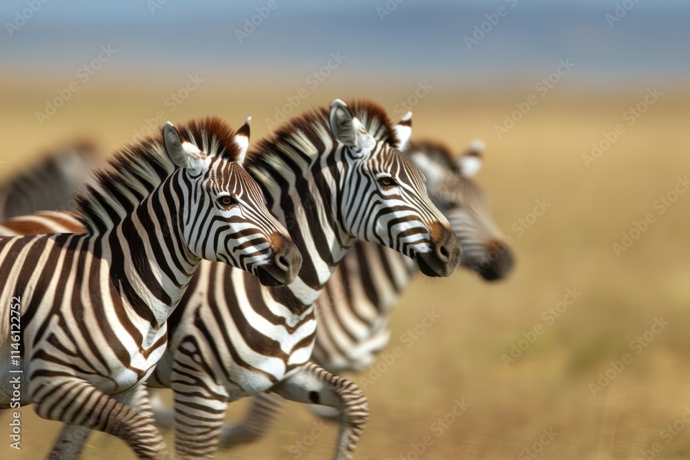 A small group of zebras runs swiftly through golden grasslands, showcasing their striking black and white stripes under the warm sun, celebrating the beauty of nature on World Wildlife Day A small group of zebras runs swiftly through golden grasslands, showcasing their striking black and white stripes under the warm sun, celebrating the beauty of nature on World Wildlife Day
