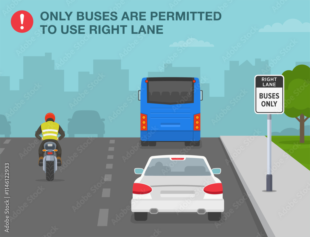 Safe driving tips and traffic regulation rules. 'Right lane, buses only' sign meaning. Back view of a traffic flow on a two lane street. Flat vector illustration template. Safe driving tips and traffic regulation rules. 'Right lane, buses only' sign meaning. Back view of a traffic flow on a two lane street. Flat vector illustration template.