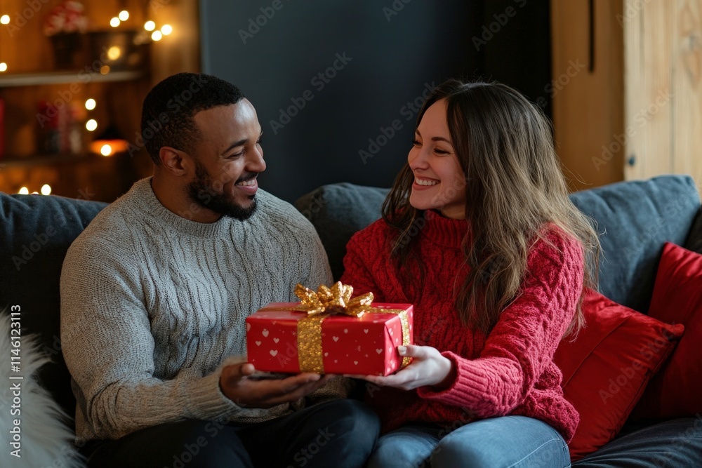 Joyful Couple Sharing Holiday Happiness While Exchanging a Red Gift Wrapped with Gold Ribbon in Cozy Living Room with Christmas Decorations and Soft Lighting Joyful Couple Sharing Holiday Happiness While Exchanging a Red Gift Wrapped with Gold Ribbon in Cozy Living Room with Christmas Decorations and Soft Lighting