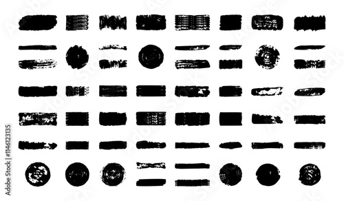 Vector circles, straight-line black brush strokes, and boxes. Hand-drawn black stripes and smears. Set of the Japanese or Chinese calligraphy brush strokes. Sketch grunge rectangles and circles.