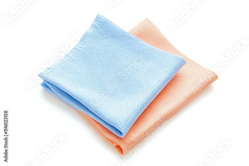 Closeup of delicate and elegant fabric napkins in light blue and orange pastel shades.