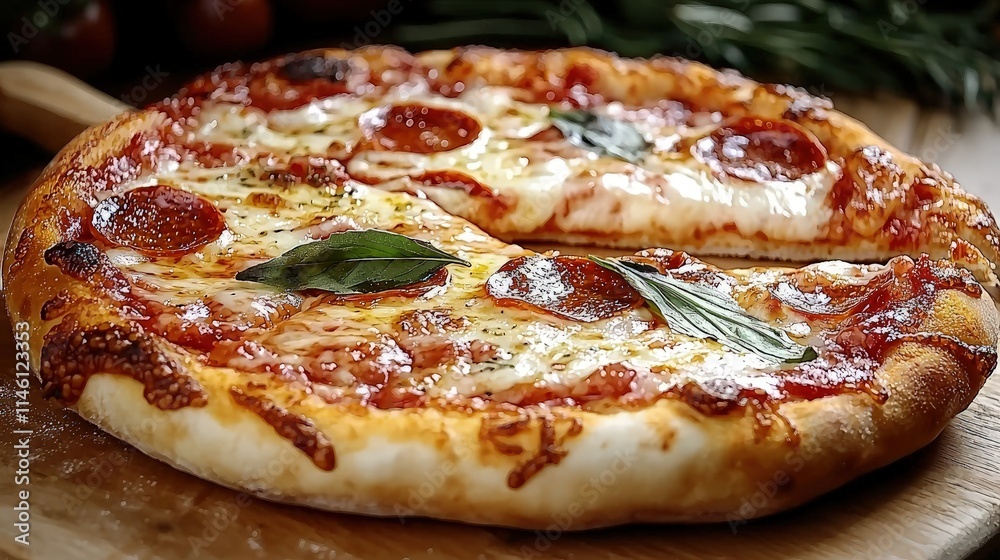 Delicious pepperoni pizza on wooden board, one slice removed, garnished with basil. Delicious pepperoni pizza on wooden board, one slice removed, garnished with basil.