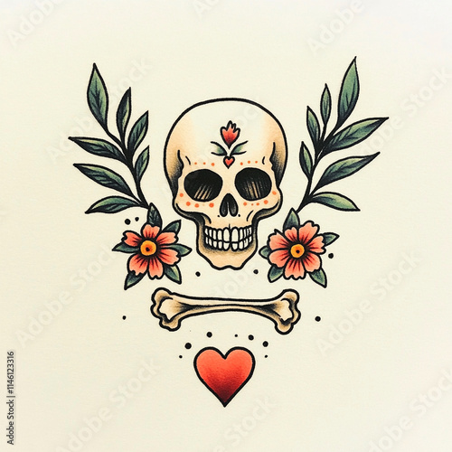 Skull and Heart tattoo flash illustration
