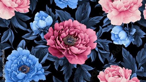 Unusual Floral summer seamless pattern. flowers on a black background. Template for fabrics, textiles, paper, wallpaper, interior decoration. Vintage