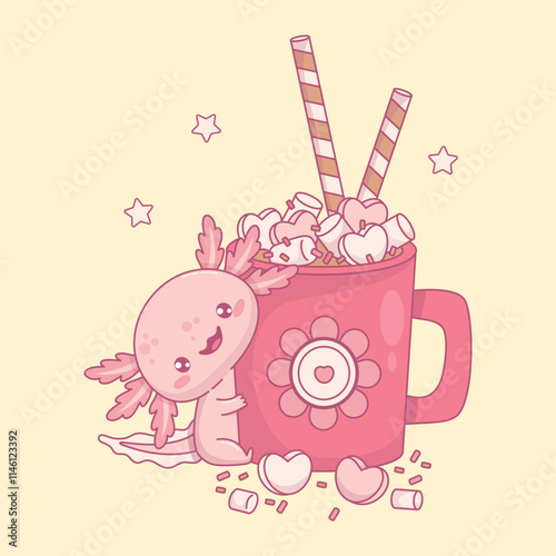 Cute smiling Axolotl with red Mug Sweet Dessert cup Hot Cocoa with Marshmallows, hearts and striped candy. Funny festive little cartoon kawaii animal character . Vector illustration