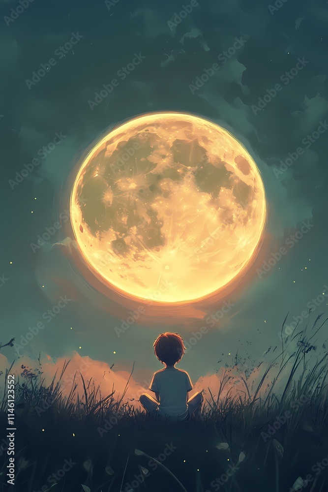 Solitary Figure Contemplating a Gigantic Moon Solitary Figure Contemplating a Gigantic Moon