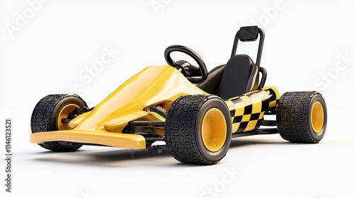 A yellow go-kart with a checkered design, designed for racing and recreational driving.