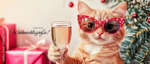 Süße Katze mit Champagner feiert Weihnachten  Festliche Weihnachtskarte photo