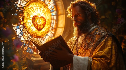 A serene stained-glass depiction of Saint Augustine, with a flaming heart and a book, glowing radiant golden and crimson hues, intricate floral and celestial motifs framing the sacred moment,