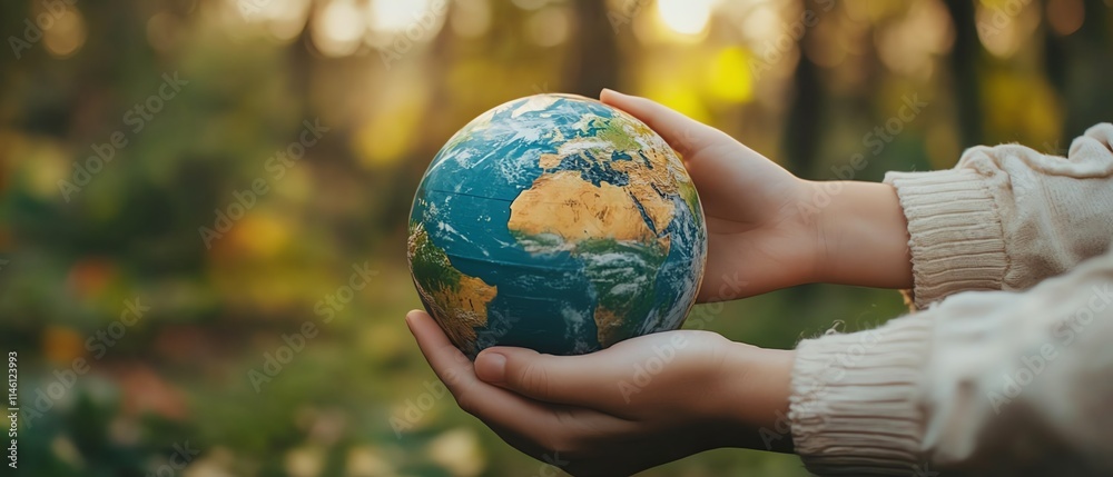 Hands gently cradling a globe in the heart of a green forest, representing the concept of environment protection and ecological preservation Hands gently cradling a globe in the heart of a green forest, representing the concept of environment protection and ecological preservation