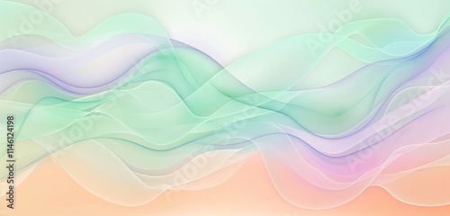 A delicate digital abstract gradient wave background with pastel hues of mint green, lavender, and peach. The waves form a soft, whimsical pattern.