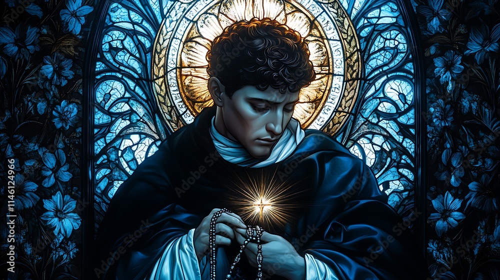 Obraz premium A serene stained-glass depiction of Saint Dominic, holding a rosary with a radiant star shining above him, glowing deep blue and white tones,