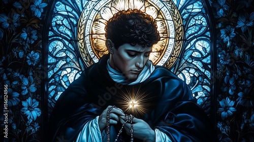 A serene stained-glass depiction of Saint Dominic, holding a rosary with a radiant star shining above him, glowing deep blue and white tones, photo