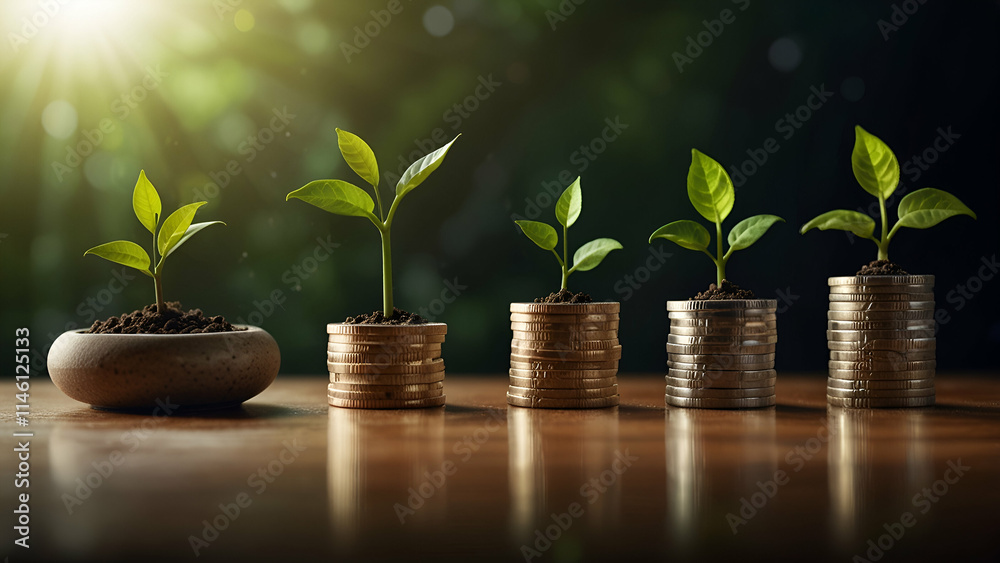 Money Growth Concept Plants on Money Increase With Flare Light Effects Money Growth Concept Plants on Money Increase With Flare Light Effects