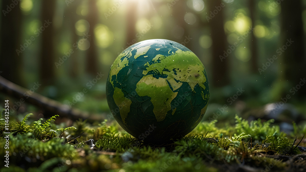 Earth Day Defocused abstract sunlight and a green globe in a forest with moss