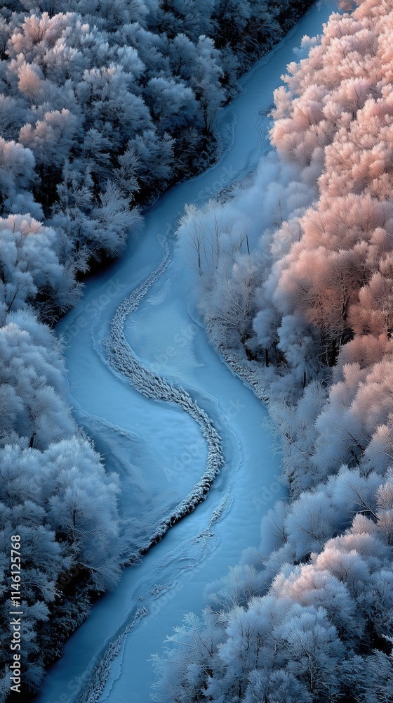 Aerial view of a frosty blue river winding through a snow-covered forest at dusk Aerial view of a frosty blue river winding through a snow-covered forest at dusk