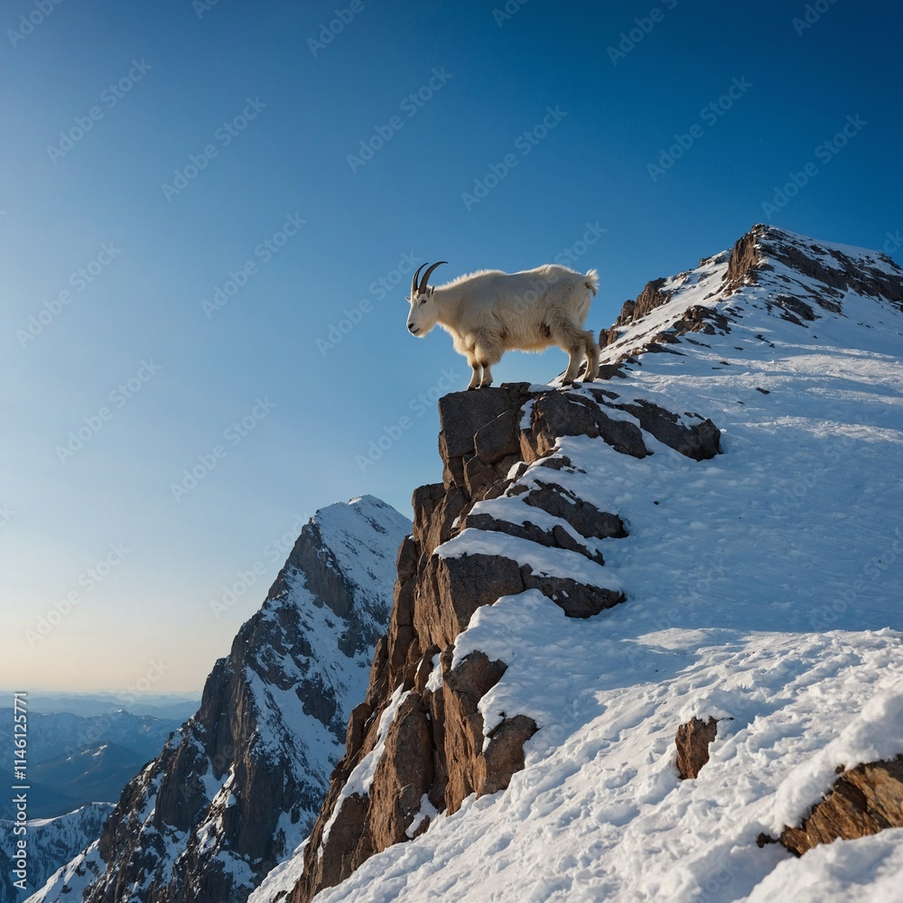 A snowy mountain goat climbing a peak against a brilliant blue horizon. A snowy mountain goat climbing a peak against a brilliant blue horizon.