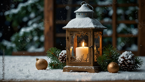 Christmas Lantern with Fir Branches and Ornaments on a Snowy Table photo