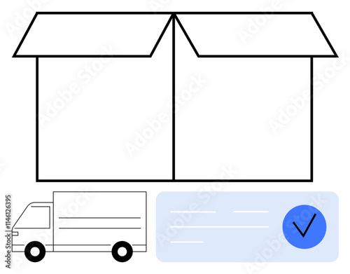 Open cardboard box above delivery truck and checklist with blue checkmark. Ideal for shipping, delivery, logistics, e-commerce, storage, packaging, and warehousing. Line metaphor