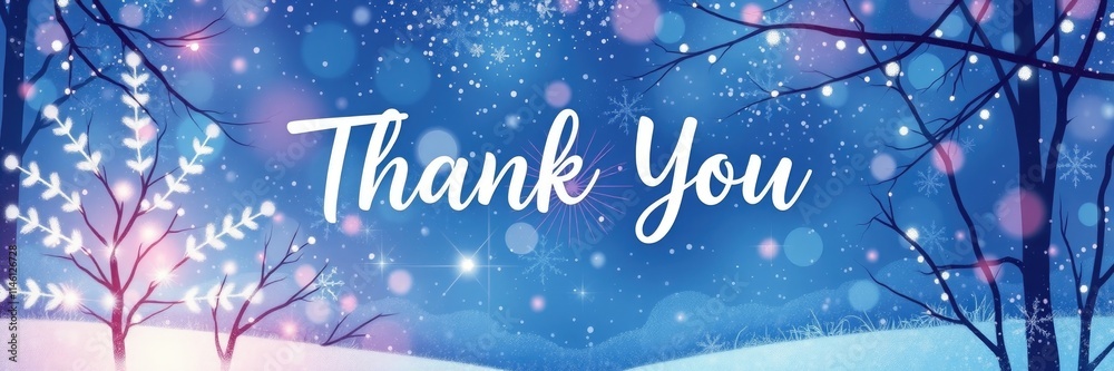 A vibrant winter banner expresses gratitude with elegant typography against a snowy backdrop. Soft lights and trees enhance the wintry atmosphere, evoking warmth A vibrant winter banner expresses gratitude with elegant typography against a snowy backdrop. Soft lights and trees enhance the wintry atmosphere, evoking warmth