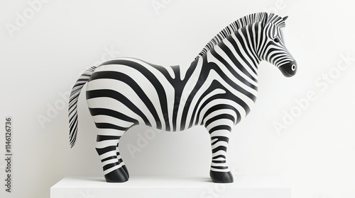 A stylized zebra sculpture with bold black and white stripes displayed on a pedestal. photo