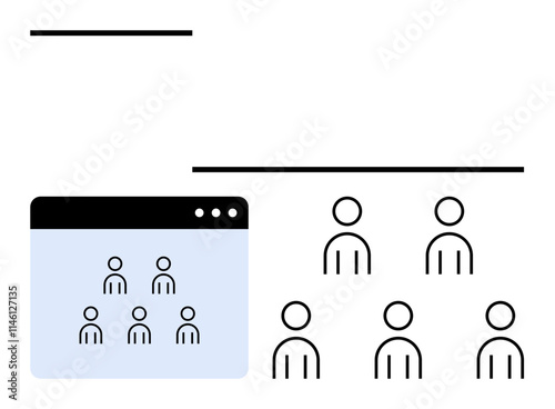 Browser window with three user icons beside four stick figure team members. Ideal for teamwork, collaboration, digital meetings, remote work, project management, online interactions, communication