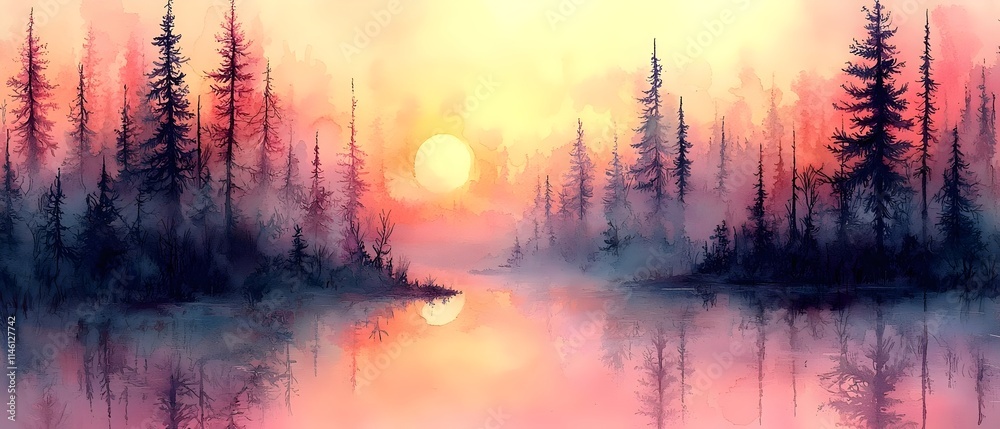 A serene sunrise over a misty forest landscape, with vibrant hues of pink, orange, and yellow reflecting on a calm lake surrounded by tall evergreen trees. A serene sunrise over a misty forest landscape, with vibrant hues of pink, orange, and yellow reflecting on a calm lake surrounded by tall evergreen trees.