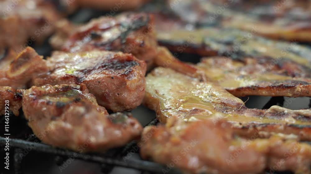 Home barbecue grilling of pork belly on charcoal grill, Mahe, Seychelles 30fps 2 Home barbecue grilling of pork belly on charcoal grill, Mahe, Seychelles 30fps 2