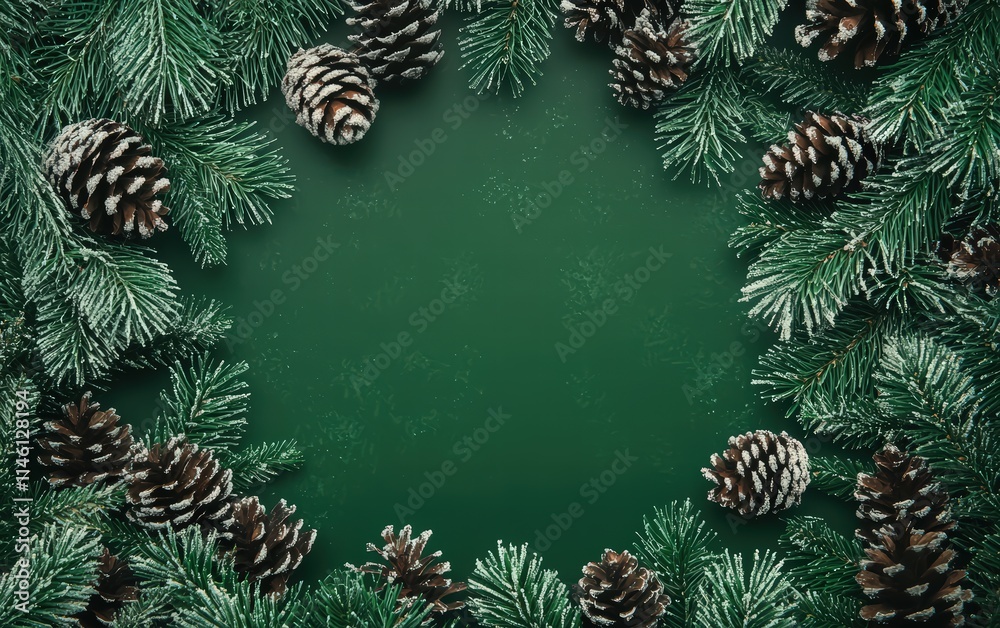 A festive green Christmas background with frosted pinecones and a circular blank section in the middle for text A festive green Christmas background with frosted pinecones and a circular blank section in the middle for text