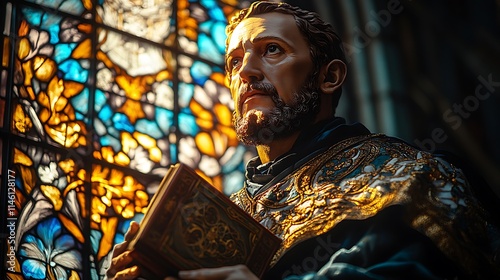 A serene stained-glass portrayal of Saint Ignatius of Loyola, holding a symbolic sword and a book of wisdom, glowing radiant golden and navy-blue hues, photo