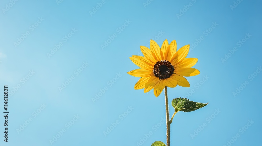 A single yellow sunflower against a clear blue sky, low-angle shot, Natural light style A single yellow sunflower against a clear blue sky, low-angle shot, Natural light style